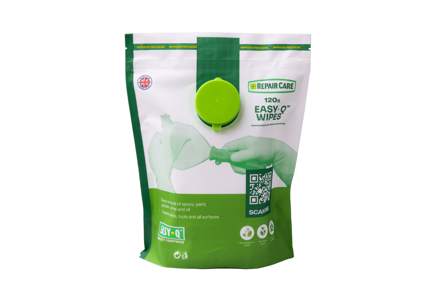 Die Reinigungstücher EASY•Q™ Wipes von Repair Care haben eine neue praktische Verpackung für mehr Komfort beim Gebrauch.